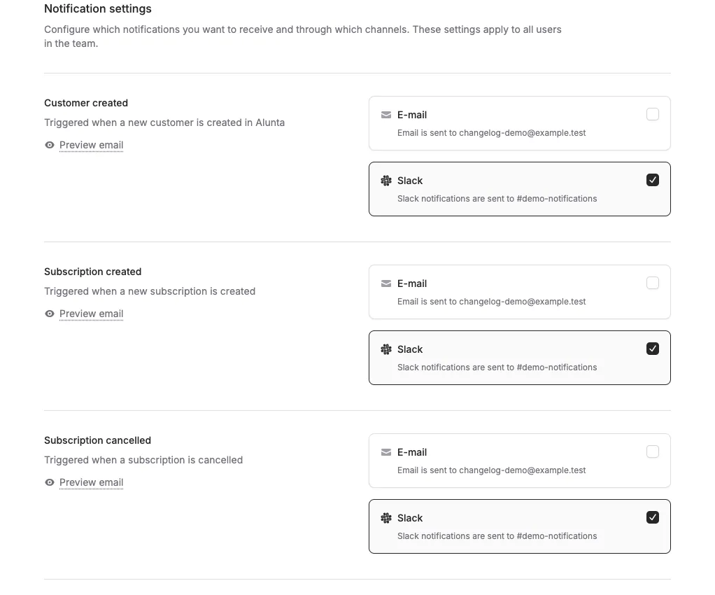 Slack notifications: choose a channel and events