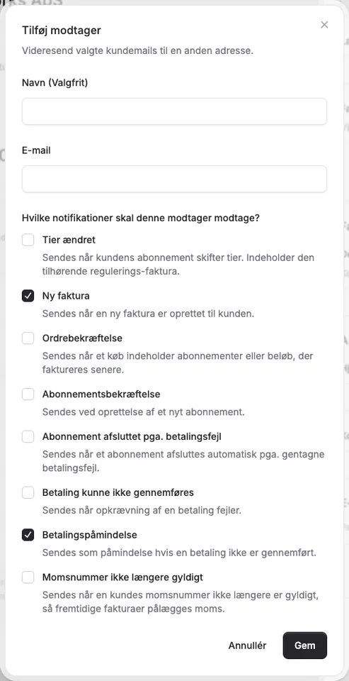 Tilføj ekstra email-modtagere pr. kunde