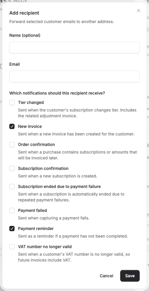 Add extra email recipients per customer