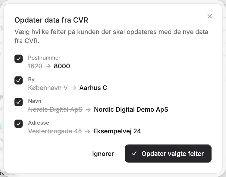 Opdater kundens stamdata fra CVR