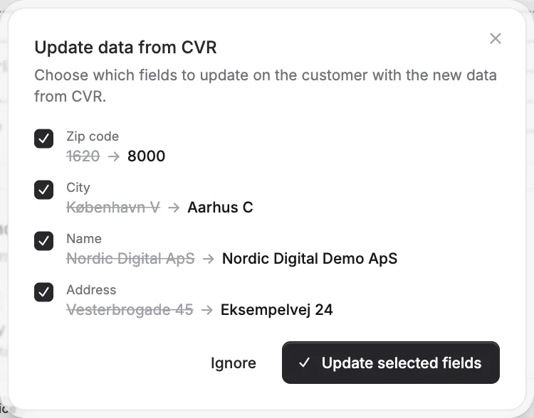 Update a customer's master data from CVR