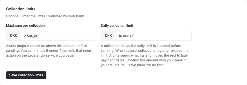 Avoid rejected Leverandørservice collections with bank limits