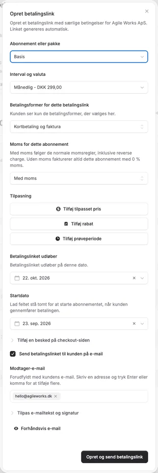 Vælg startdato på betalingslinks