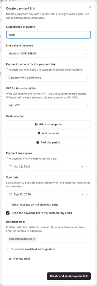 Choose a start date for payment links