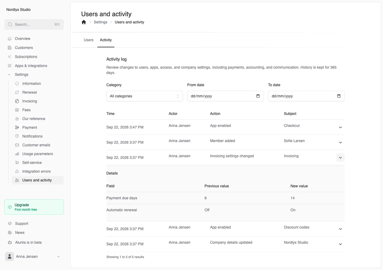 See changes to apps, access, and settings