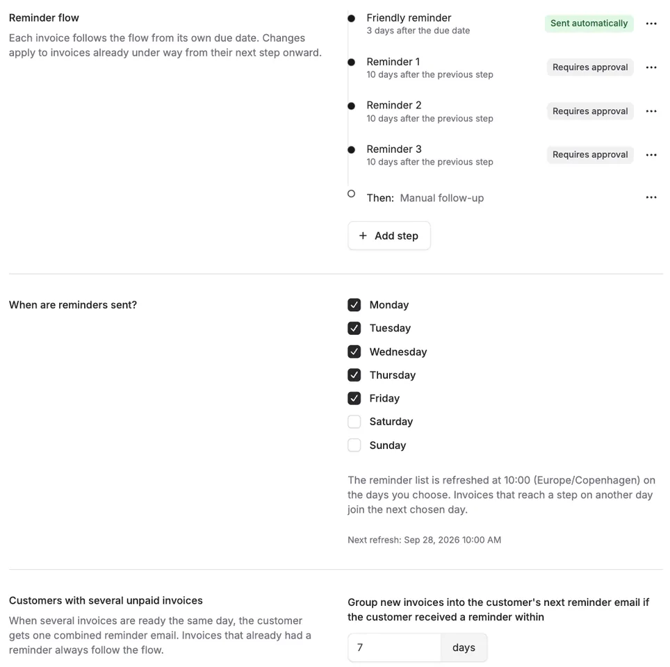 Design your own reminder flow, and see unpaid invoices in one place