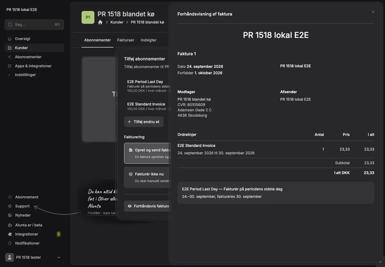 Invoice preview with one charge due now and one subscription waiting until the last day of its period