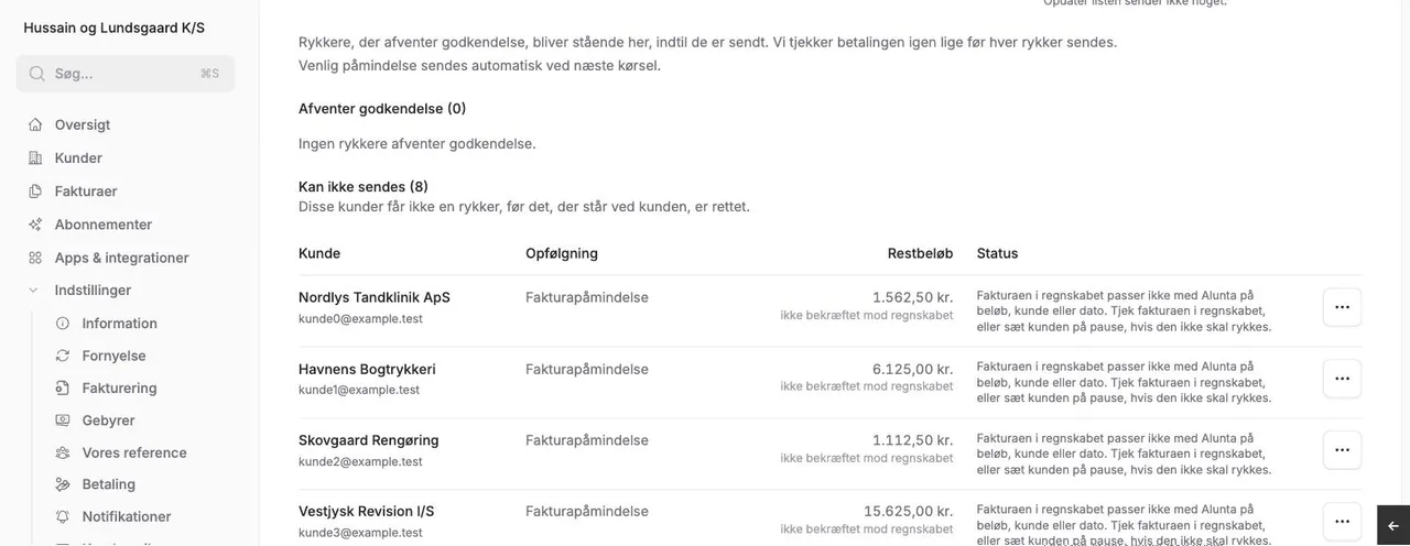 Listen over kunder, der ikke kan få en rykker, med restbeløb og en forklaring på, hvad der skal rettes