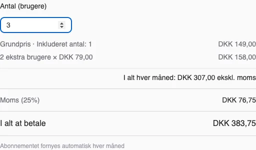 License subscriptions with a base price and included users