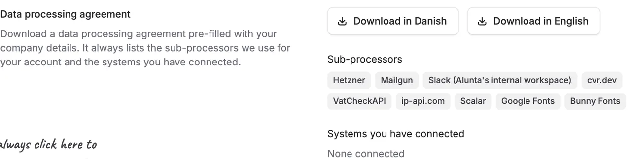 Download your data processing agreement straight from Alunta