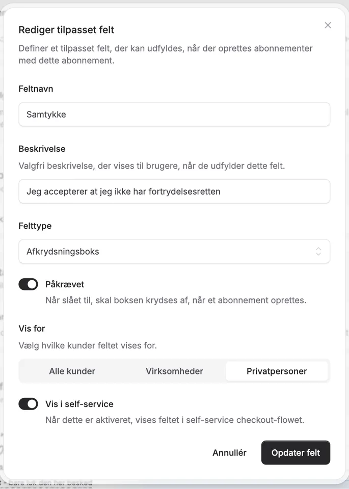 Afkrydsningsbokse i tilpassede felter - og felter kun for virksomheder eller private
