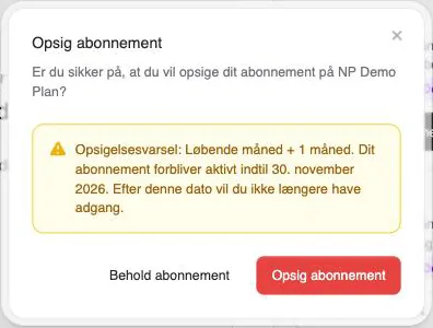 Opsigelsesdialogen i kundeportalen, der viser opsigelsesvarslet og den dato, abonnementet er aktivt til