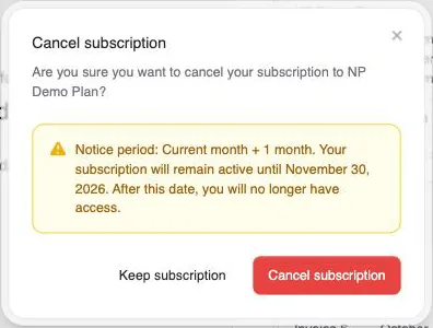 The cancel dialog in the customer portal, showing the notice period and the date the subscription stays active until