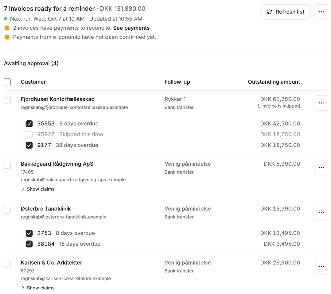 A calmer reminder overview, and skip a single invoice