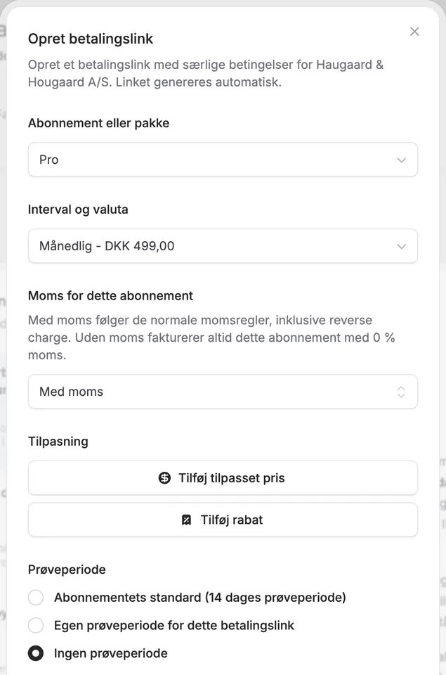 Betalingstvister håndteres automatisk, og betalingslinks kan være uden prøveperiode