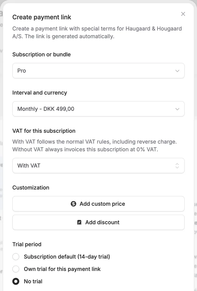 Payment disputes are handled automatically, and payment links can skip the trial
