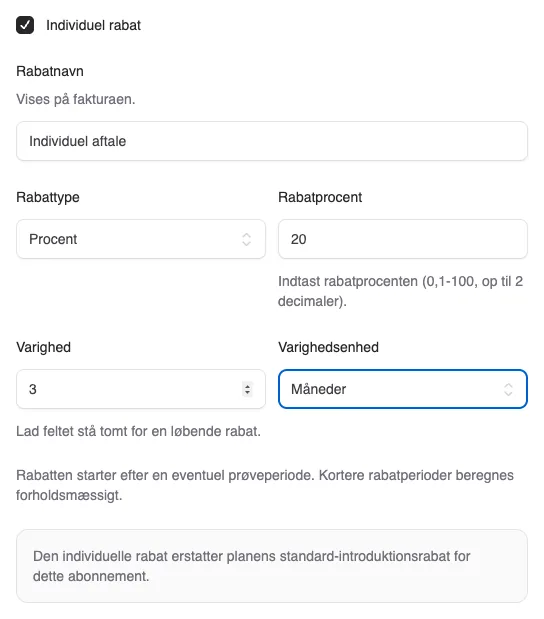 Vælg en individuel rabat, når I opretter et abonnement