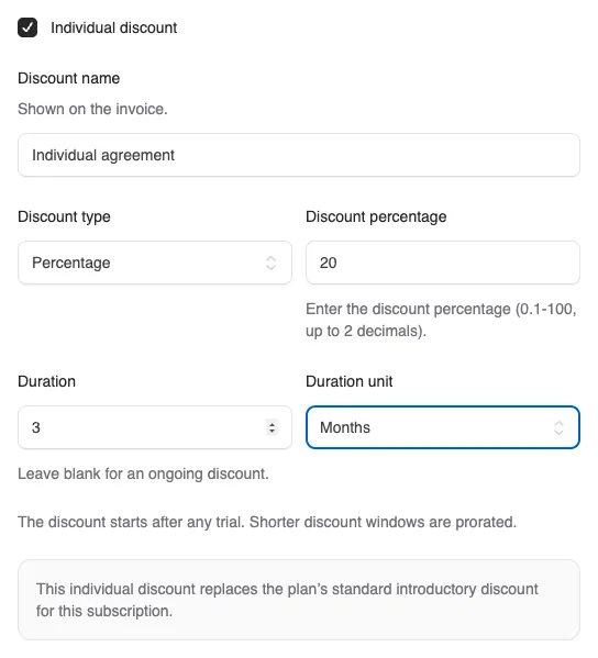 Choose an individual discount when creating a subscription