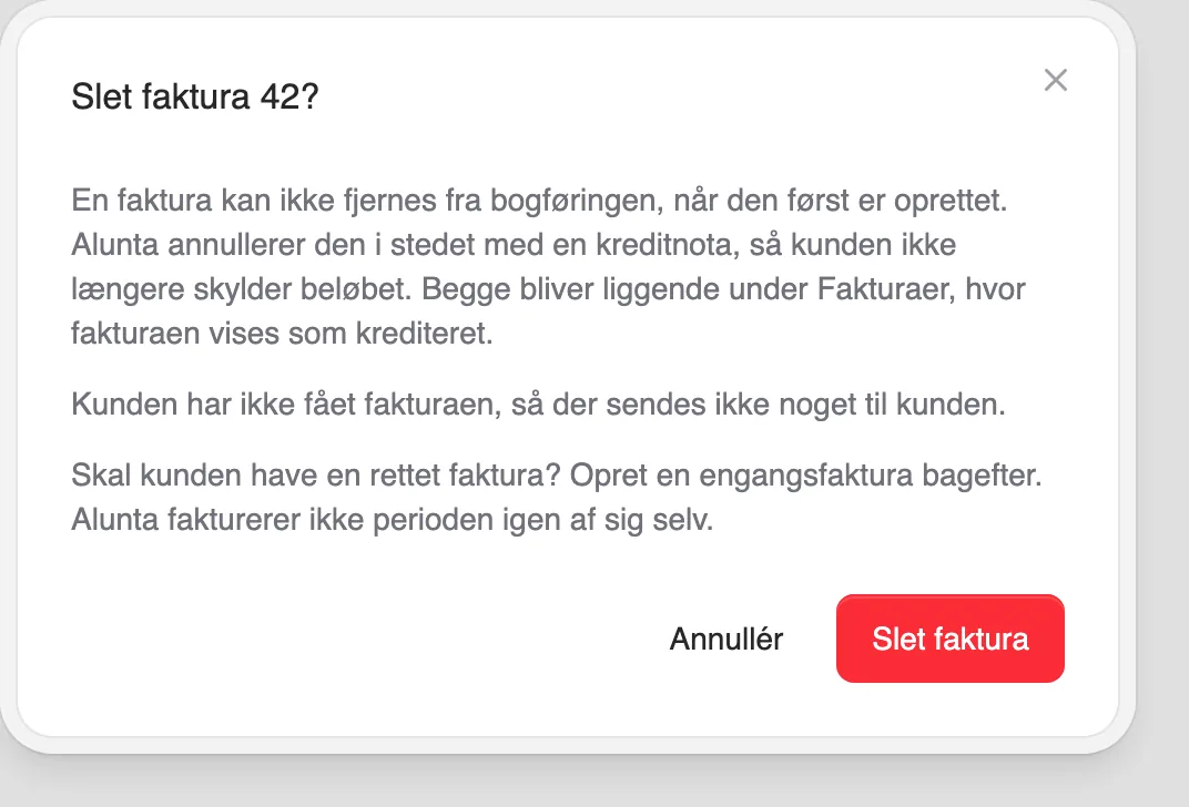 Slet faktura bevarer bilagene og laver en kreditnota