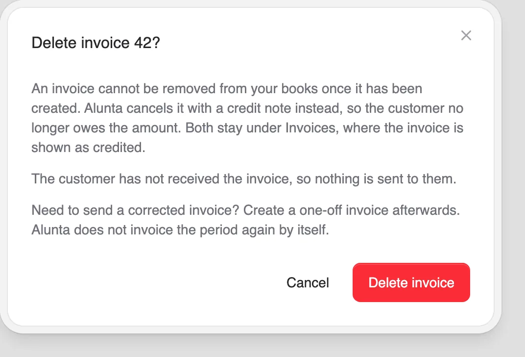 Delete invoice keeps your records and creates a credit note