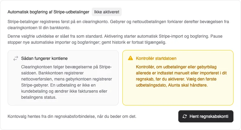Bogfør Stripe-udbetalinger og omkostninger fra Alunta