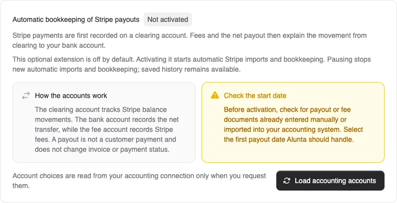 Book Stripe payouts and costs from Alunta