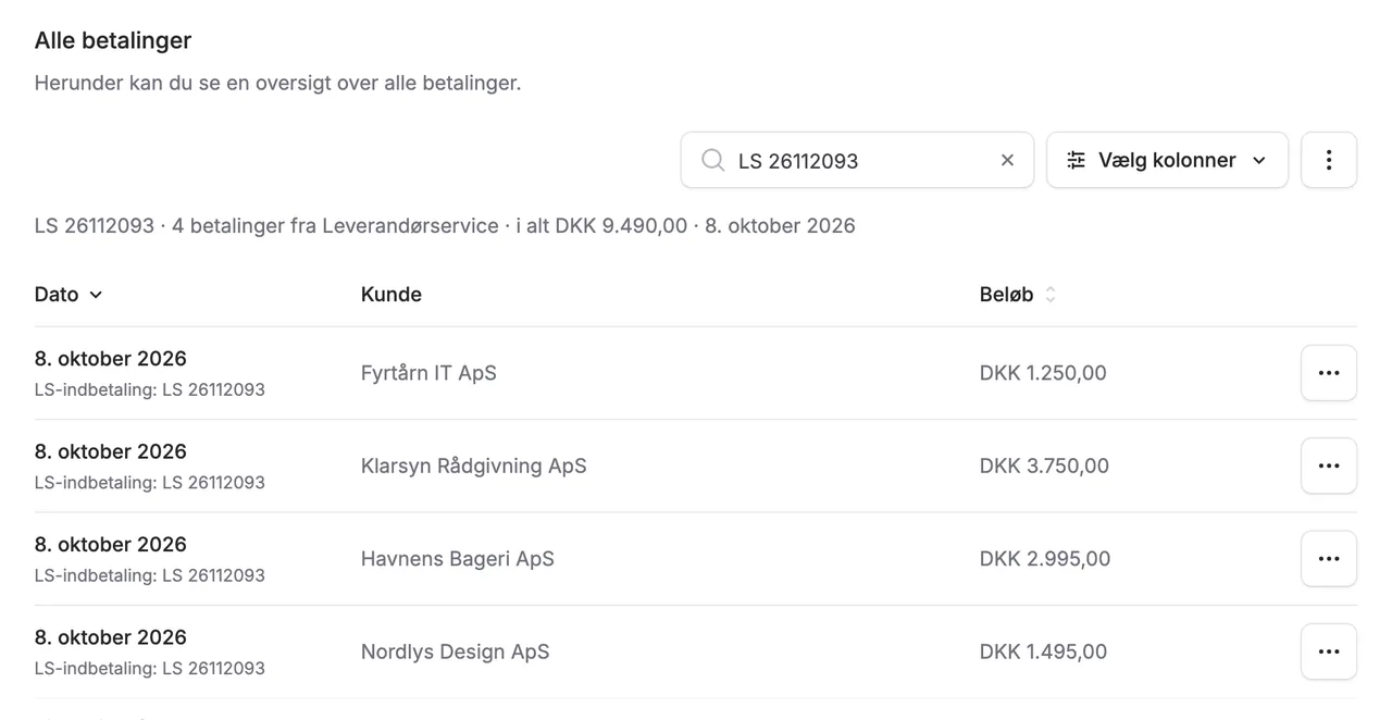 Find Leverandørservice-indbetalinger på bankudtoget