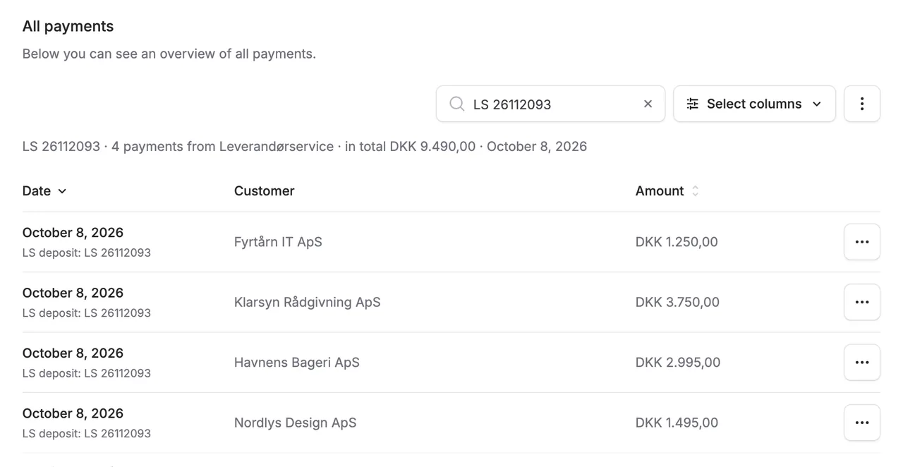 Find Leverandørservice deposits from your bank statement