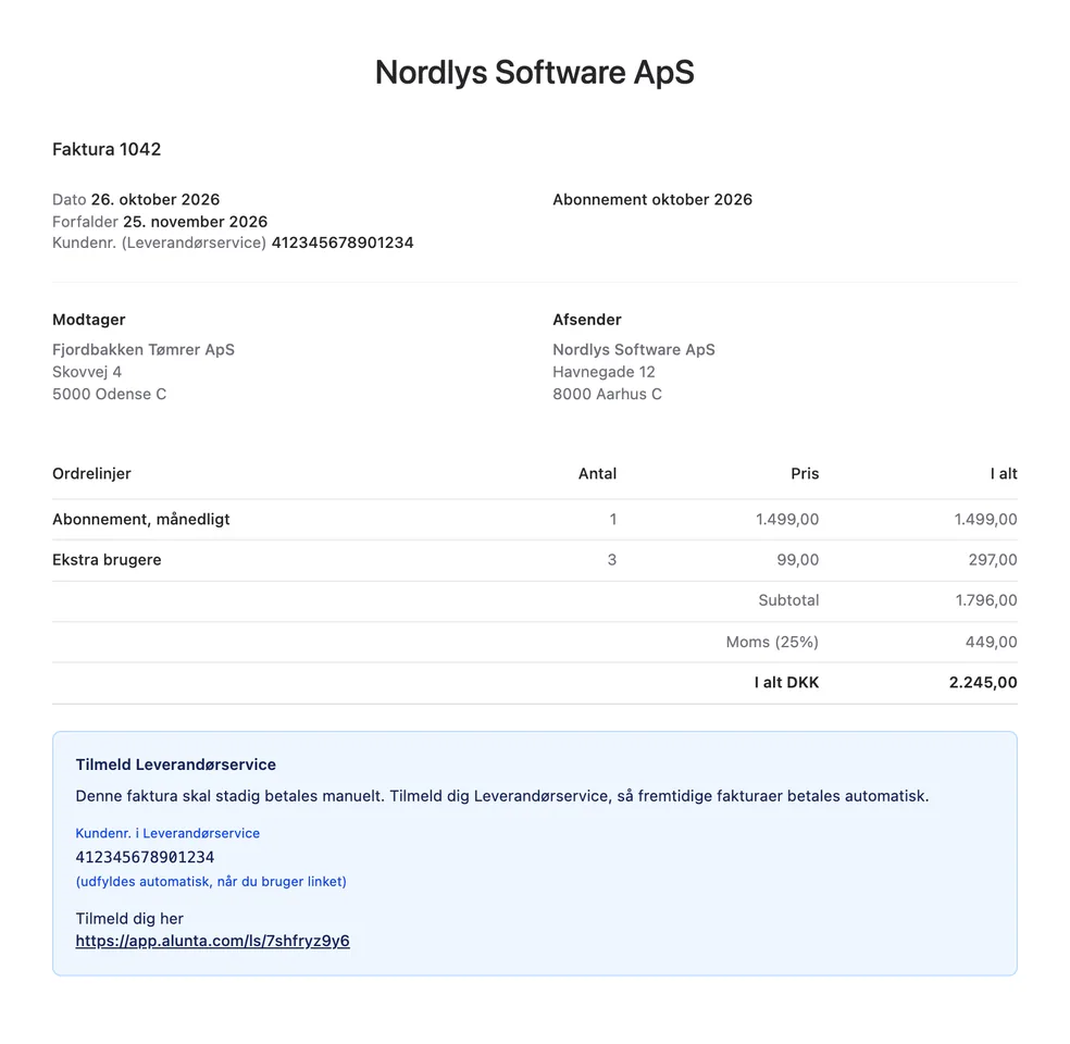 Fakturaen inviterer kunden til Leverandørservice