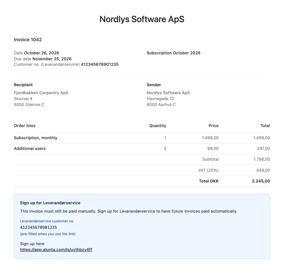 Invoices invite customers to sign up for Leverandørservice