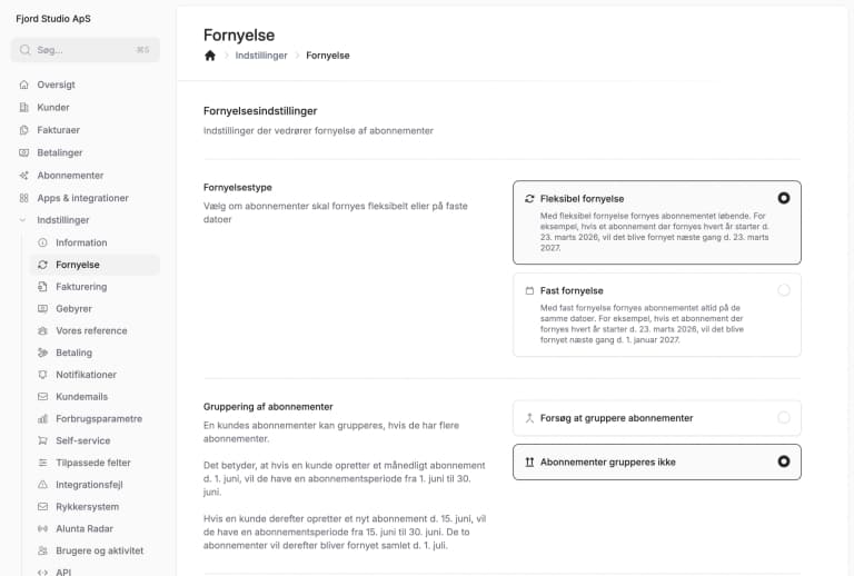Gruppering af abonnementer og fornyelser i Alunta