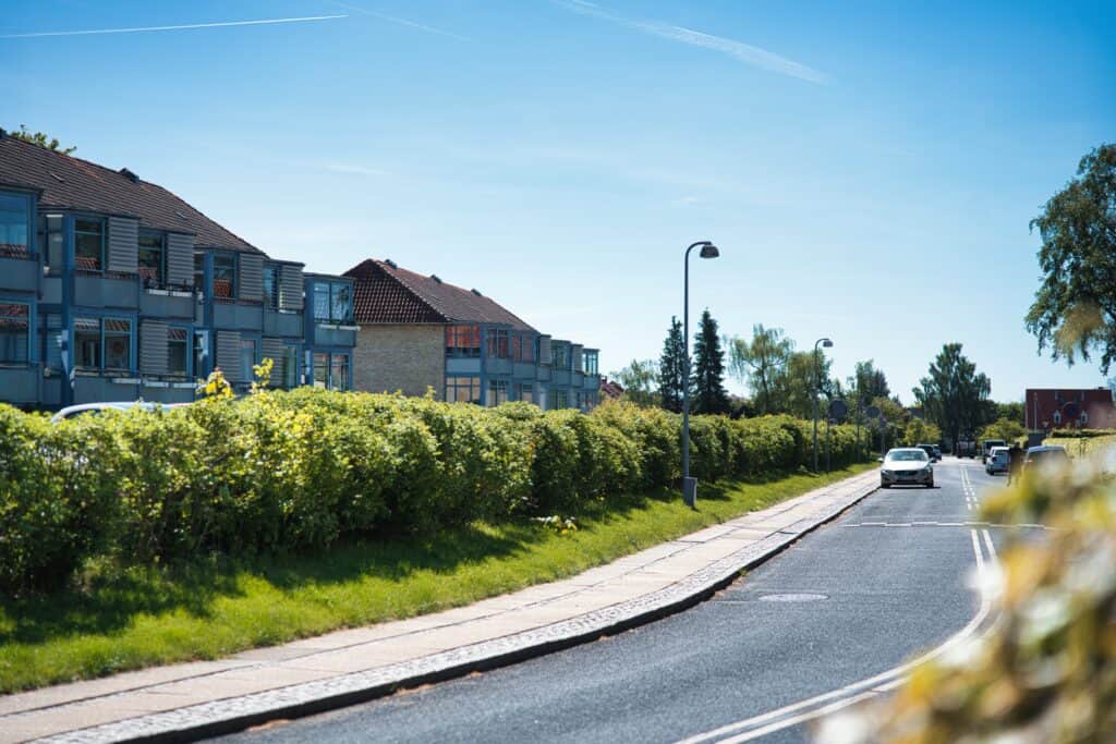 Vej med boliger i baggrunden
