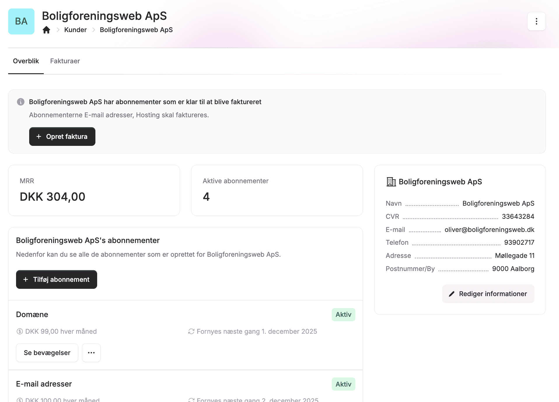Skærmbilledet viser en kundes vigtiste oplysninger direkte i Alunta