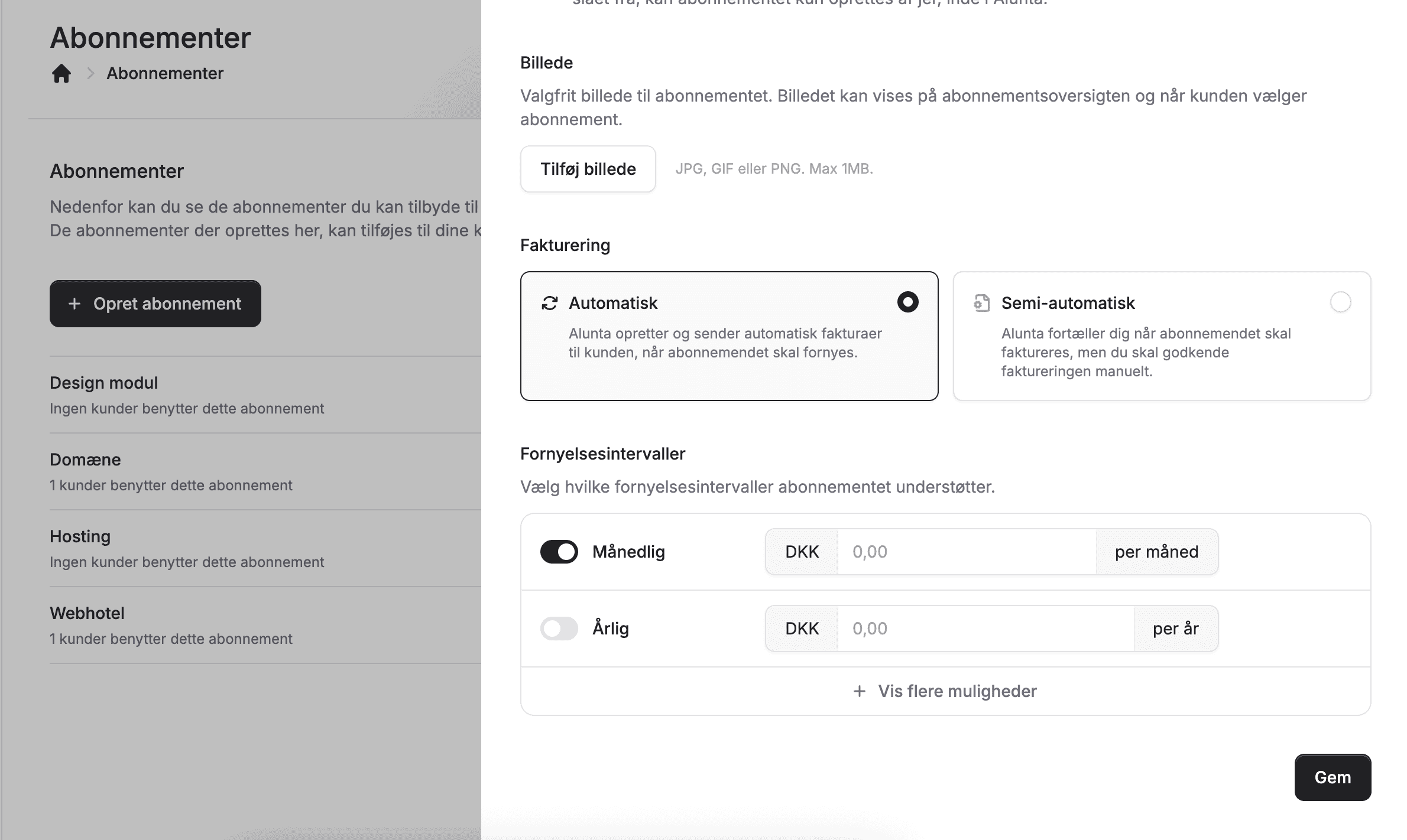 Her er et skærmbillede af Alunta, hvor et abonnement skal angives som værende semi-automatisk fakturering.