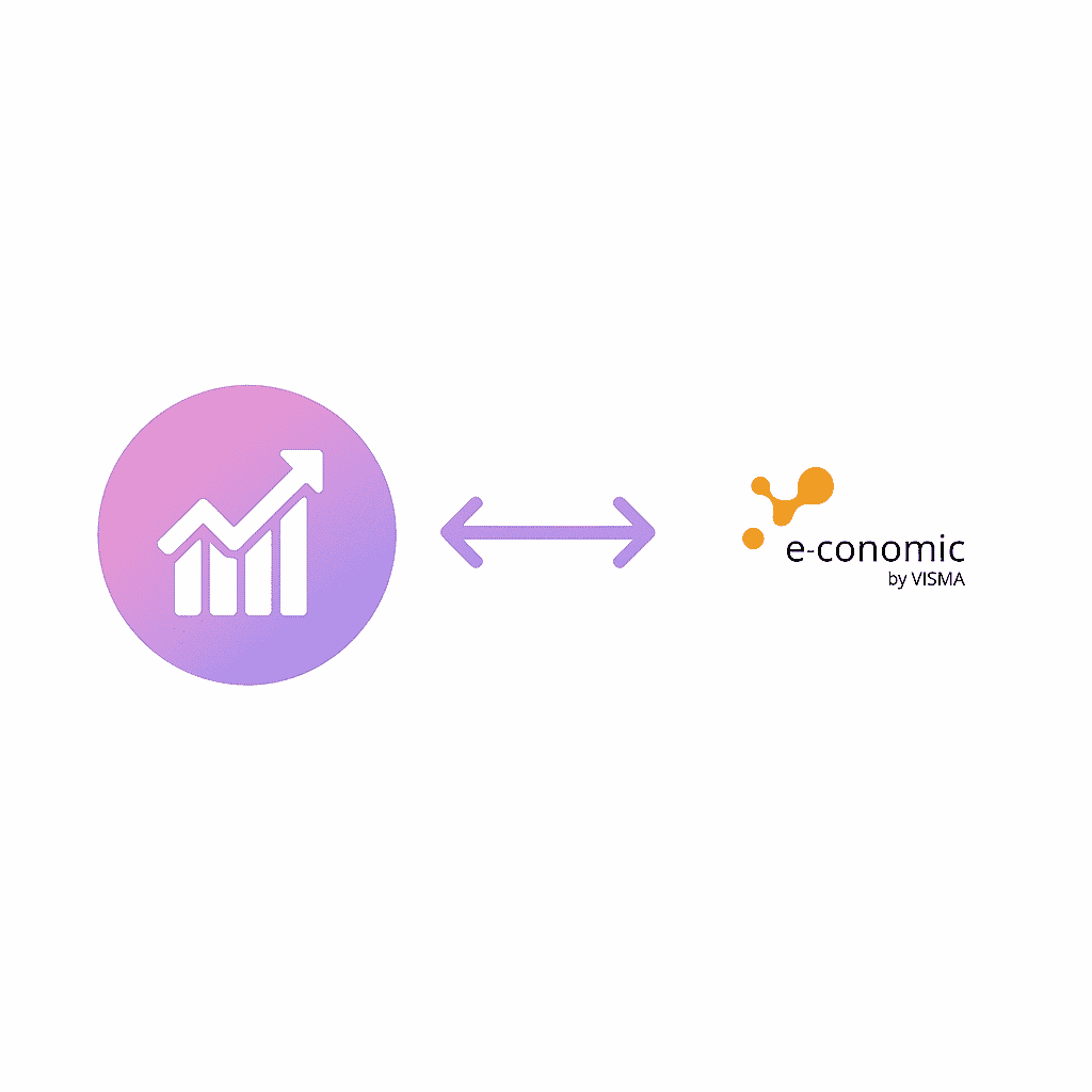 Minimalistic illustration showing integration between Alunta and e-conomic by Visma with logos connected by a two-way arrow on a clean white background.