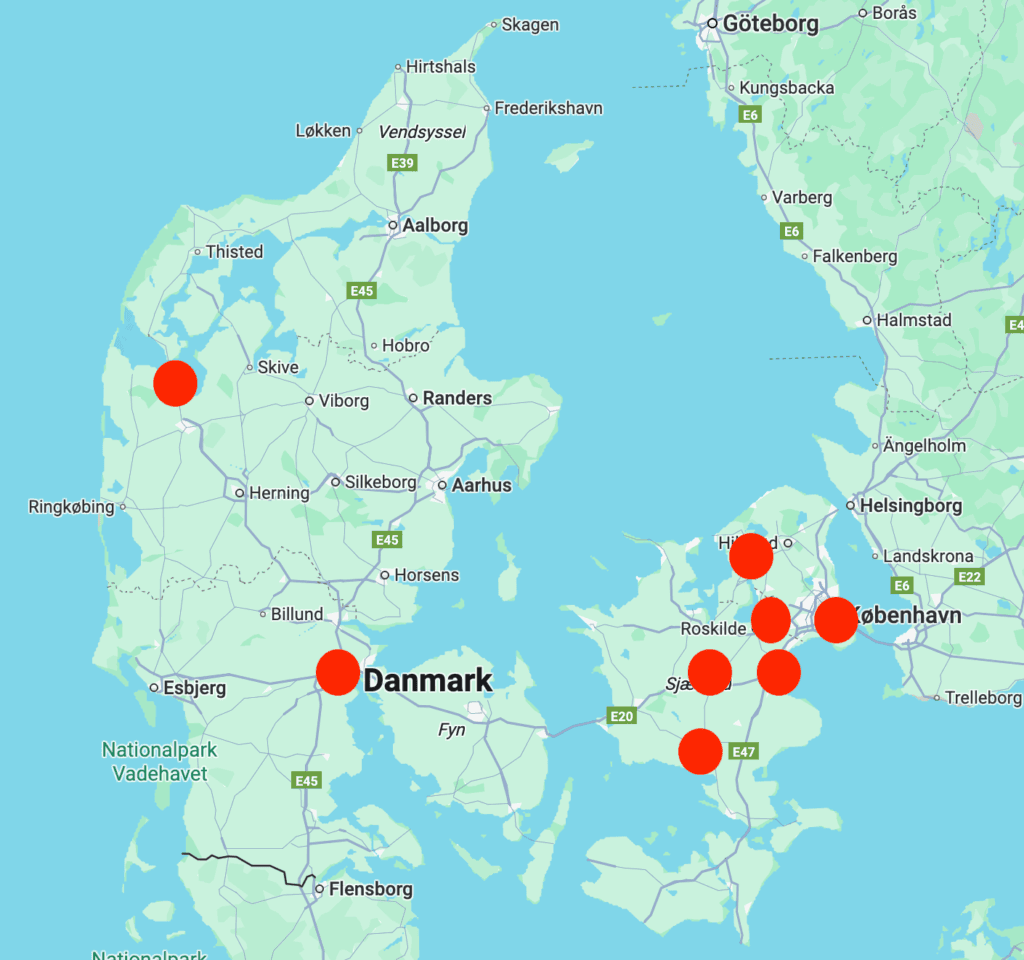 Danmarks kort, der viser de kommuner med størst negativ udvikling i nye firmaer pr. 1000 indbygger.