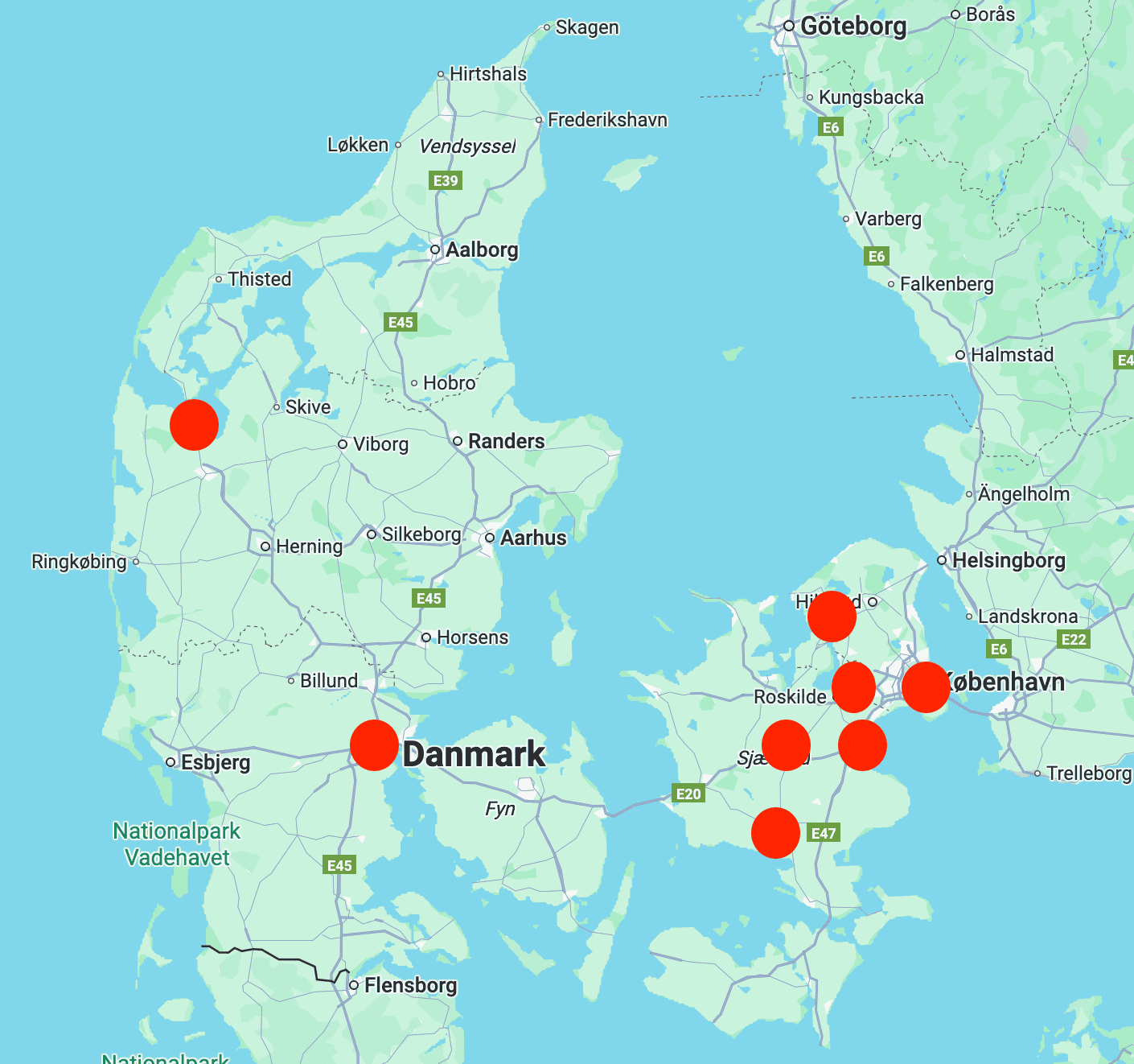 Danmarks kort, der viser de kommuner med størst negativ udvikling i nye firmaer pr. 1000 indbygger.