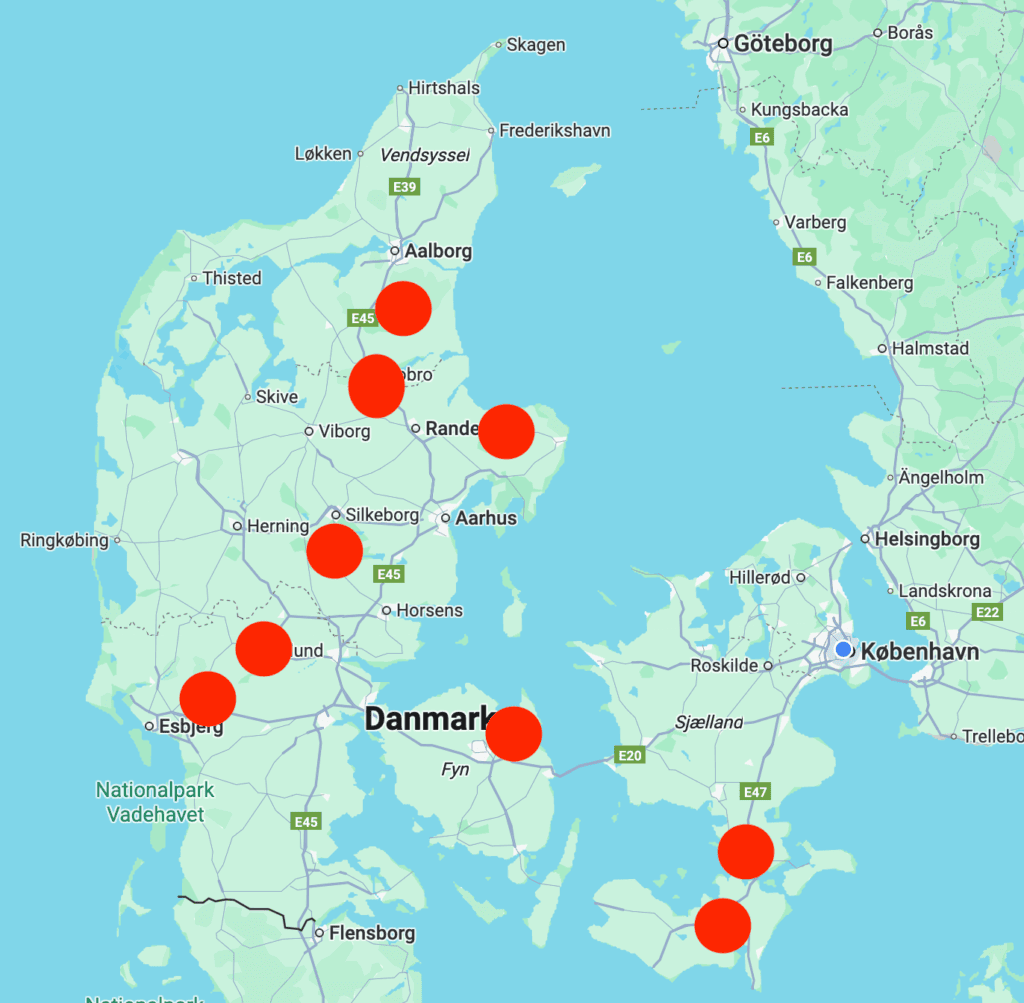 Et Danmarkskort der viser de kommuner i positiv udvikling for nyoprettede firmaer i seneste år.