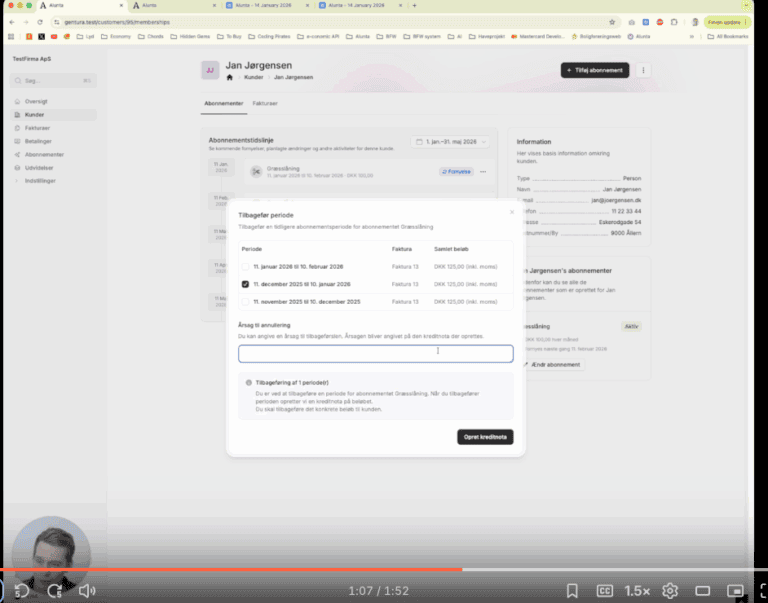 Oprettelse af kreditnota og tilbagebetaling i Alunta