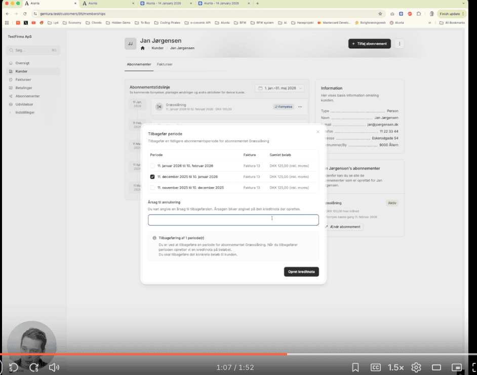 Oprettelse af kreditnota og tilbagebetaling i Alunta