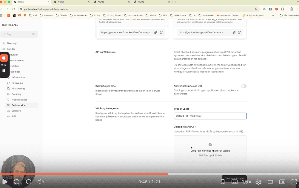 Betingelser kan indsættes med PDF eller via et link.