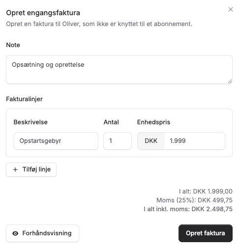 En visning af, hvordan oprettelse af engangsfaktura ser ud i Alunta