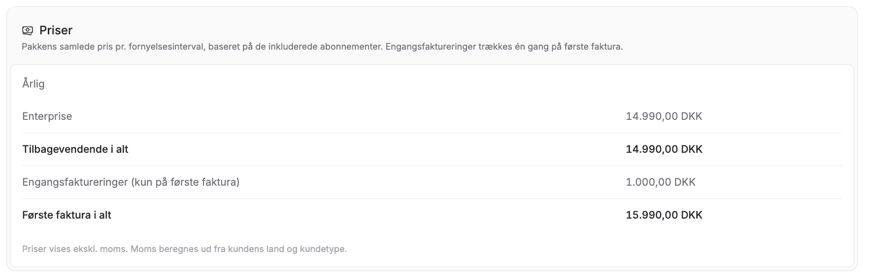 Sammensætning af abonnementspakke med abonnement og opstartsgebyr.