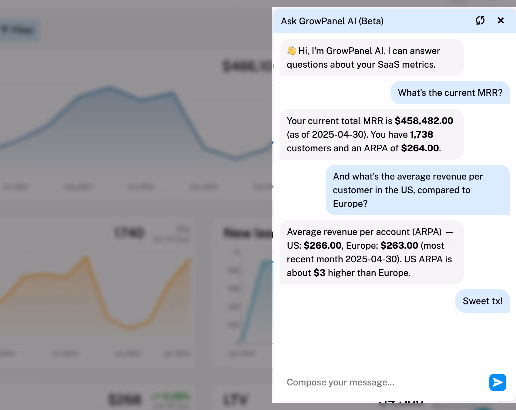 Skærmbillede af GrowPanel og deres AI chat.