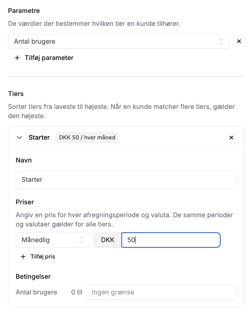Tier-based priser sat op inde i Alunta. Denne type abonnement er licens baseret.