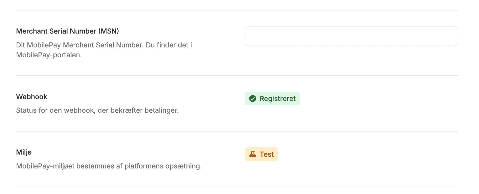 MobilePay indstillingssiden