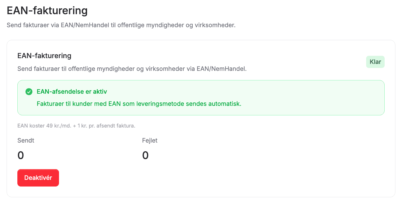 En visuel præsentation af en EAN statusside, der er køreklar